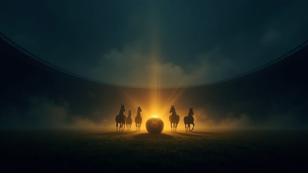 Five horse silhouettes around a glowing golden soccer ball in a dark stadium