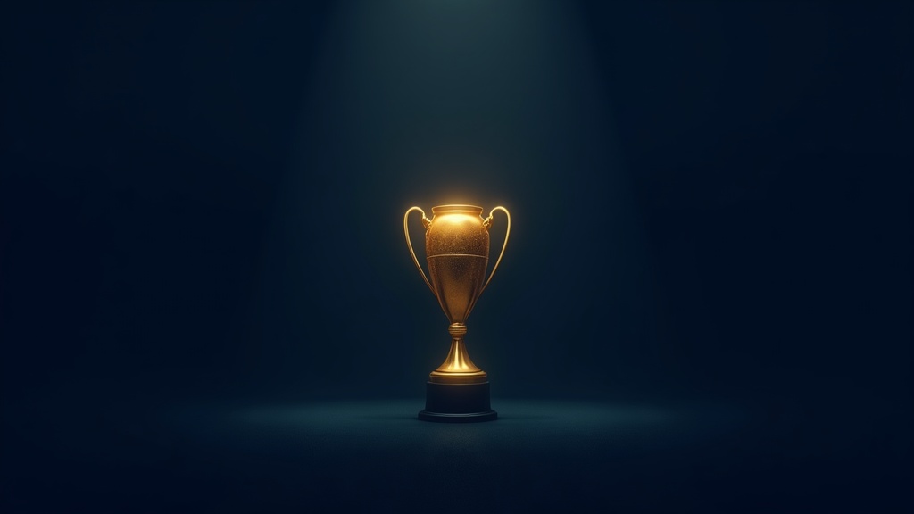 A glowing golden trophy in a dark spotlight