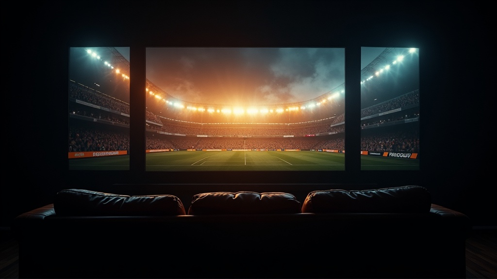 A wall of glowing TV screens showing a soccer match opening in a dark room