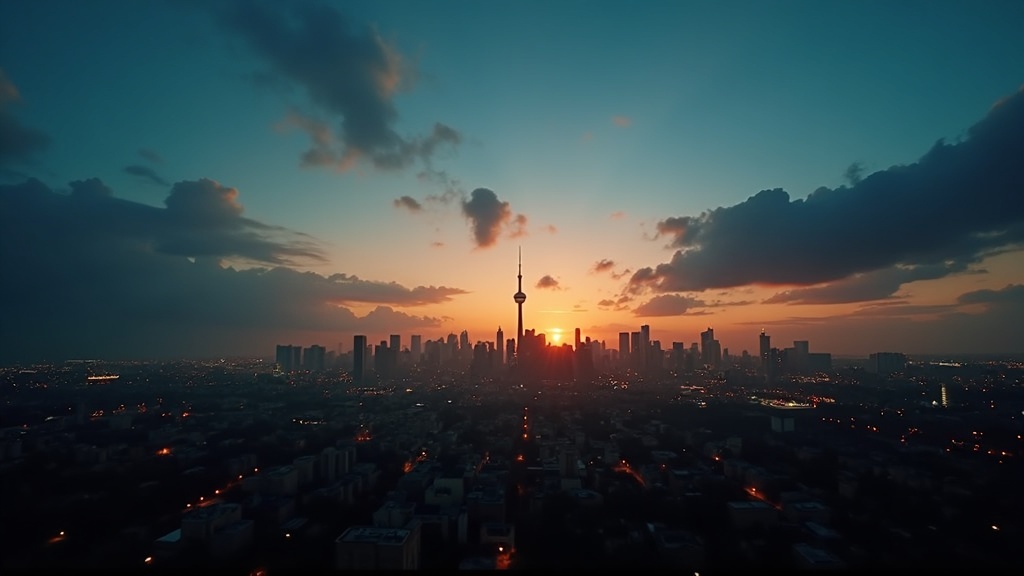 Skylines of New York Mexico City and Toronto merging into a single horizon at golden hour